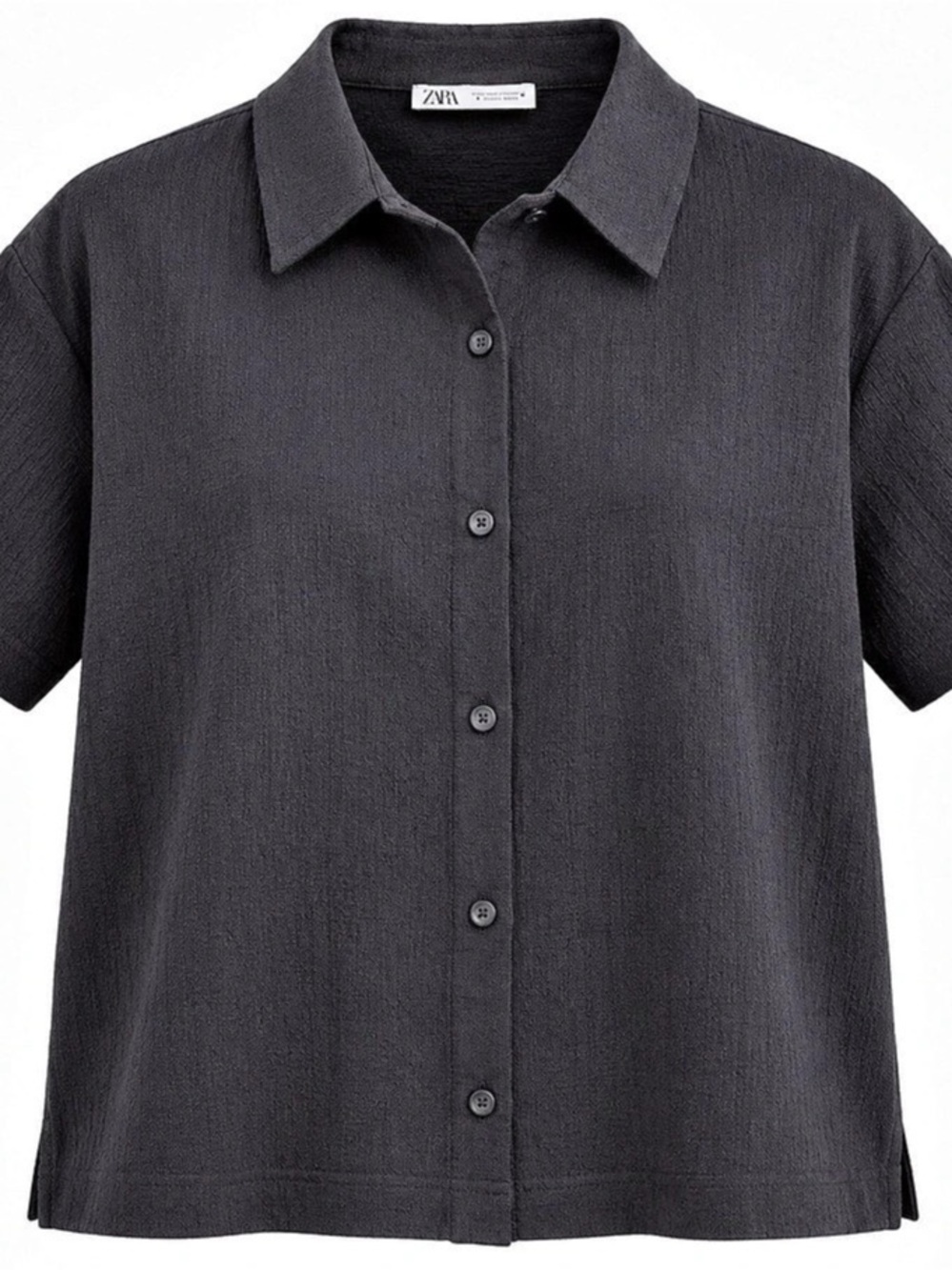 ZARA Women’s XL Black Textured Short Sleeve Button Up Shirt Relaxed Boxy